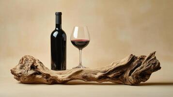 Still life of a wine bottle and glass on a driftwood piece photo