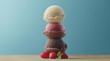 Three scoops of ice cream, vanilla, strawberry, and chocolate, stacked high, sitting on a light wooden table, with fresh strawberries and mint leaves at the base photo