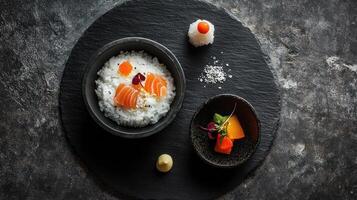 Elevated dish of rice and fish, presented on dark stone photo