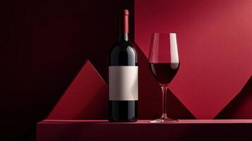 Red wine bottle and glass on a crimson surface. Geometric background photo
