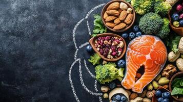 Assorted healthy foods on a dark surface photo