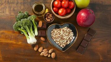 Heart-shaped bowl of grains, surrounded by healthy foods. Fresh produce, nuts, and dark chocolate are visible on a wooden surface photo