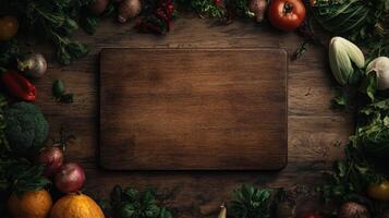 Empty wooden cutting board surrounded by fresh produce photo
