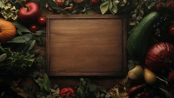 Autumnal wooden board surrounded by fall produce photo