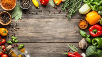 Colorful vegetables and spices arranged on a rustic wooden table, forming a frame photo