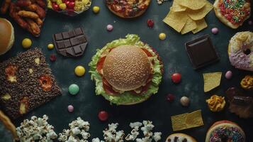 High-angle view of various unhealthy foods photo
