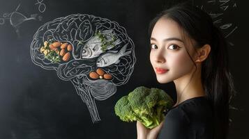 Woman holding broccoli and fish, brain graphic photo