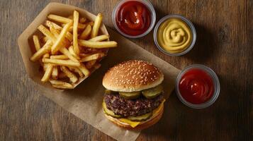 Burger and fries with condiments on a rustic wood table. Crispy golden fries in a paper container, a juicy burger with pickles and cheese, and small bowls of ketchup and mustard photo