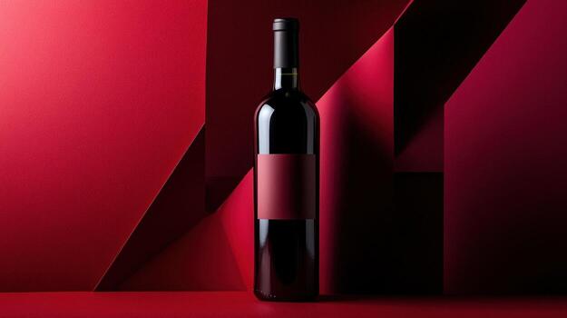 Red wine bottle on a red background. Geometric, modern design photo