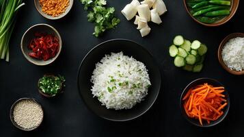 Overhead view of various Asian ingredients and cooked rice. Small bowls of chopped vegetables, spices, and herbs are arranged around a central bowl of fluffy white rice photo