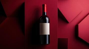 Red wine bottle on a deep red geometric background photo