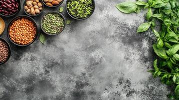 Assorted dried legumes and nuts in small bowls on a mottled gray surface with fresh basil photo