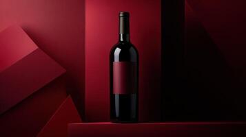 Red wine bottle, geometric backdrop photo