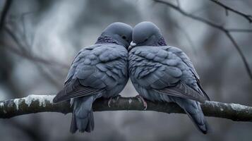 Two grey doves nuzzle on a branch in winter photo