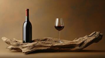 Red wine bottle and glass on driftwood photo