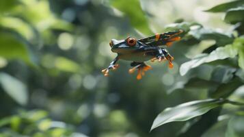 A vibrant, leaping frog in a lush jungle setting photo
