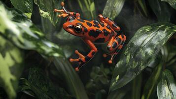 A vibrant, red and black frog leaps amidst lush, tropical foliage photo