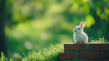 Fluffy white rabbit on brick wall, sunny garden photo