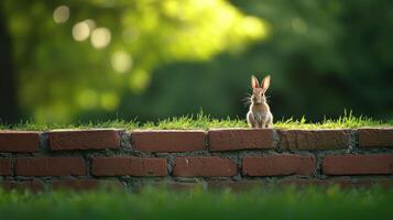 A small rabbit sits on a brick wall, bathed in sunlight. Green blurred background photo