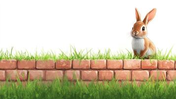 A cute, light brown rabbit sits atop a brick wall, with green grass bordering the wall photo