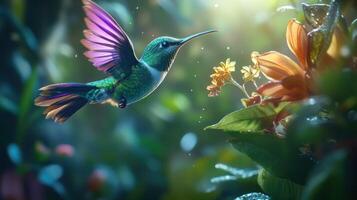 Hummingbird in vibrant floral garden photo