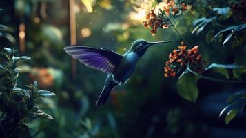 Hummingbird in flight, vibrant colors, lush foliage photo