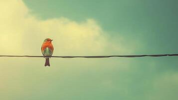 Single robin perched on wire, soft pastel sky photo