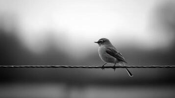 A grayscale shot of a small bird perched on a wire, with a softly blurred background photo