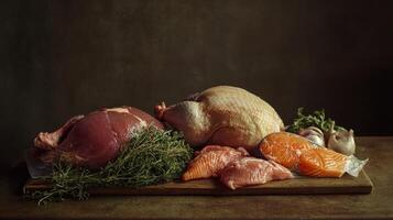 Still life of raw meats and fish photo
