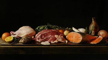 Still life of various meats and produce on a rustic wooden surface photo