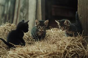 Three kittens nestled in a pile of straw photo