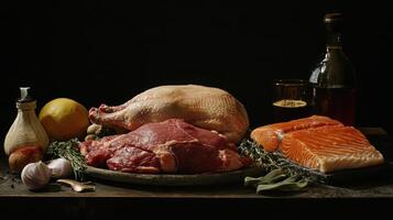 Still life of raw meat and fish. Dark background. Chicken, beef, salmon, lemon, herbs, garlic, olive oil. Food ingredients arranged on rustic wood table photo