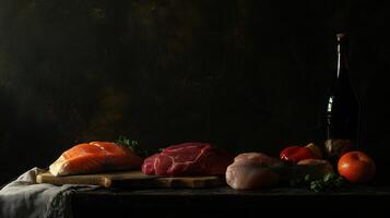 Still life of raw meat and fish photo