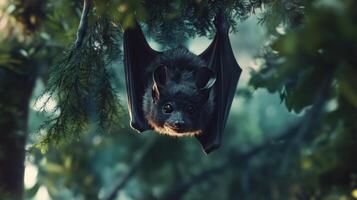 Dark bat hangs upside down in a tree photo