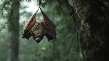 Bat hanging upside down from tree branch photo