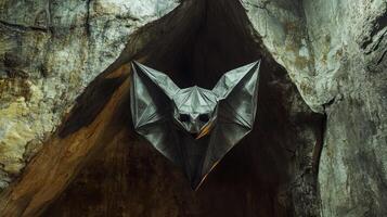 Grey origami bat hangs in a cave-like rock crevice photo