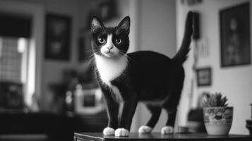 Black and white cat on a table in a room photo