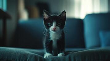 Cute black and white kitten on a couch photo