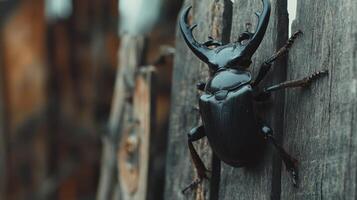 Dark beetle clinging to weathered wooden fence photo