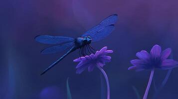A vibrant dragonfly rests on a flower, bathed in a soft purple glow photo