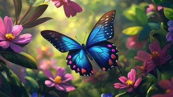 Vibrant blue butterfly amidst flowers in a lush garden setting. Sunlight streams through foliage photo