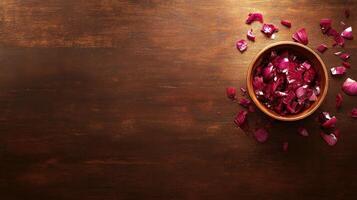Dried rose petals in a bowl on a dark wooden surface photo