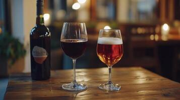 Two drinks on a wooden table, wine and beer, restaurant ambiance photo