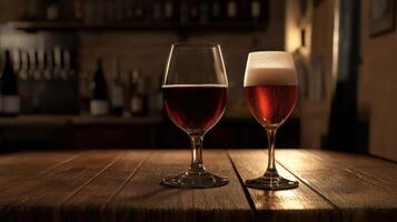 Two glasses of amber and reddish beer on a wooden bar top, in a dimly lit pub photo