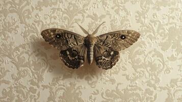 A moth, dark brown and gray, rests on a cream-colored damask wallpaper. Its wings are spread wide, showcasing intricate patterns. The wallpaper features a repeating floral design photo