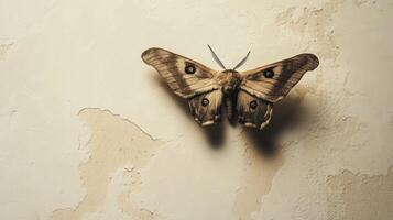 A light beige moth rests on a textured cream surface photo