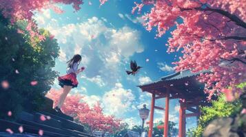 Girl amidst cherry blossoms, a serene spring scene photo