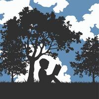 A cartoon depicting a boy on a rock reading a book vector