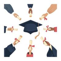Flat Graduation Art with Caps and Diplomas in Hand vector