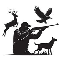 Focused Hunter with Dog and Flying Birds vector